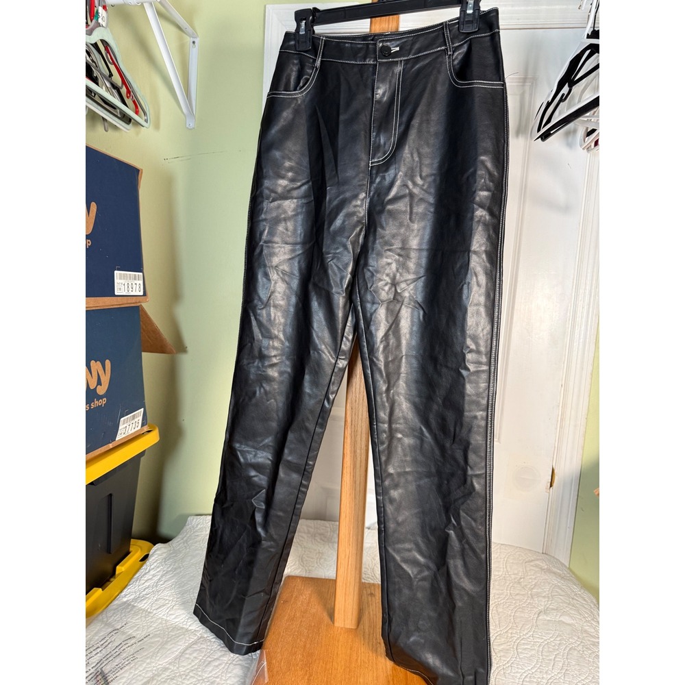 White Fox Boutique Faux Leather Contrast Stitch Straight Leg Pants Black Medium